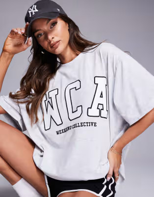 Weekend Collective – Icon – Oversize-T-Shirt in Grau meliert mit aufgestickter „WCA“-Graf... | ASOS (Global)