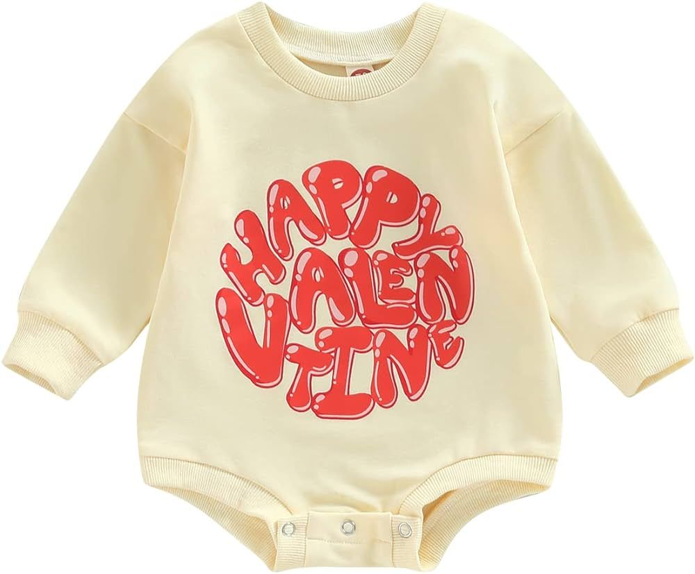 Valentine's Day Baby Girl Boy Outfit Heart Crewneck Bubble Romper Sweatshirt Long Sleeve Bodysuit Sw | Amazon (US)