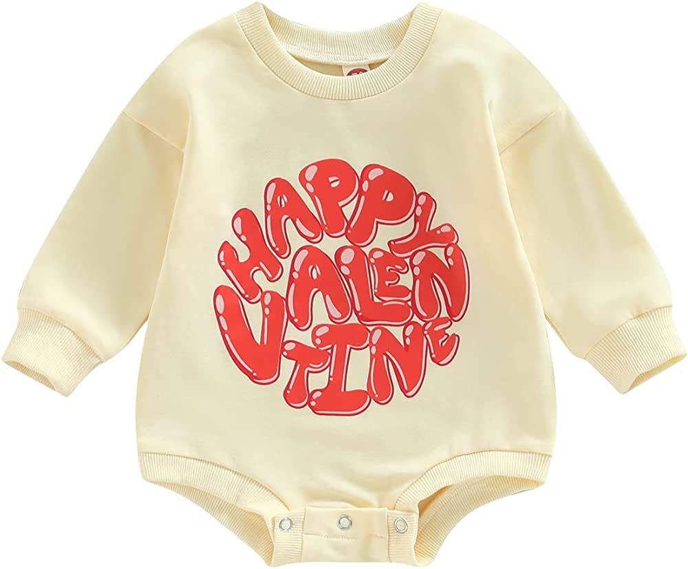 Valentine's Day Baby Girl Boy Outfit Heart Crewneck Bubble Romper Sweatshirt Long Sleeve Bodysuit Sw | Amazon (US)