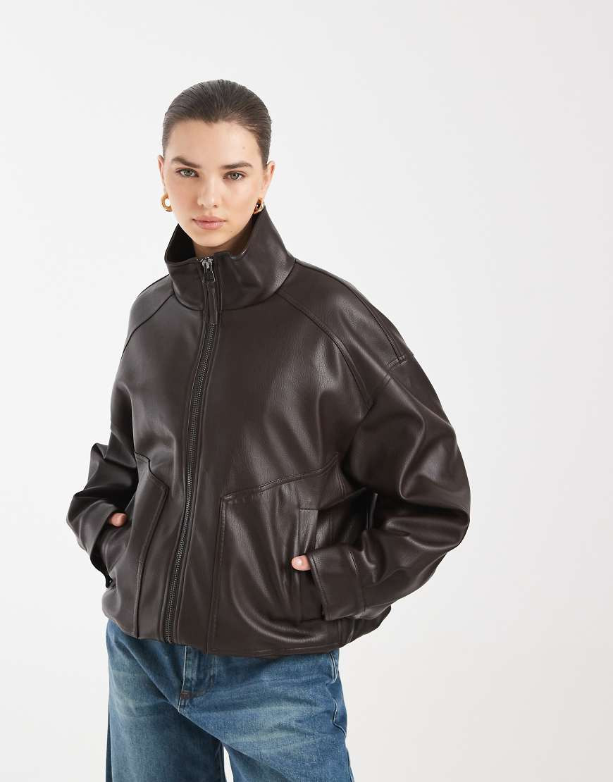 ASOS DESIGN oversized leather look funnel bomber jacket in chocolate-Brown | ASOS (Global)