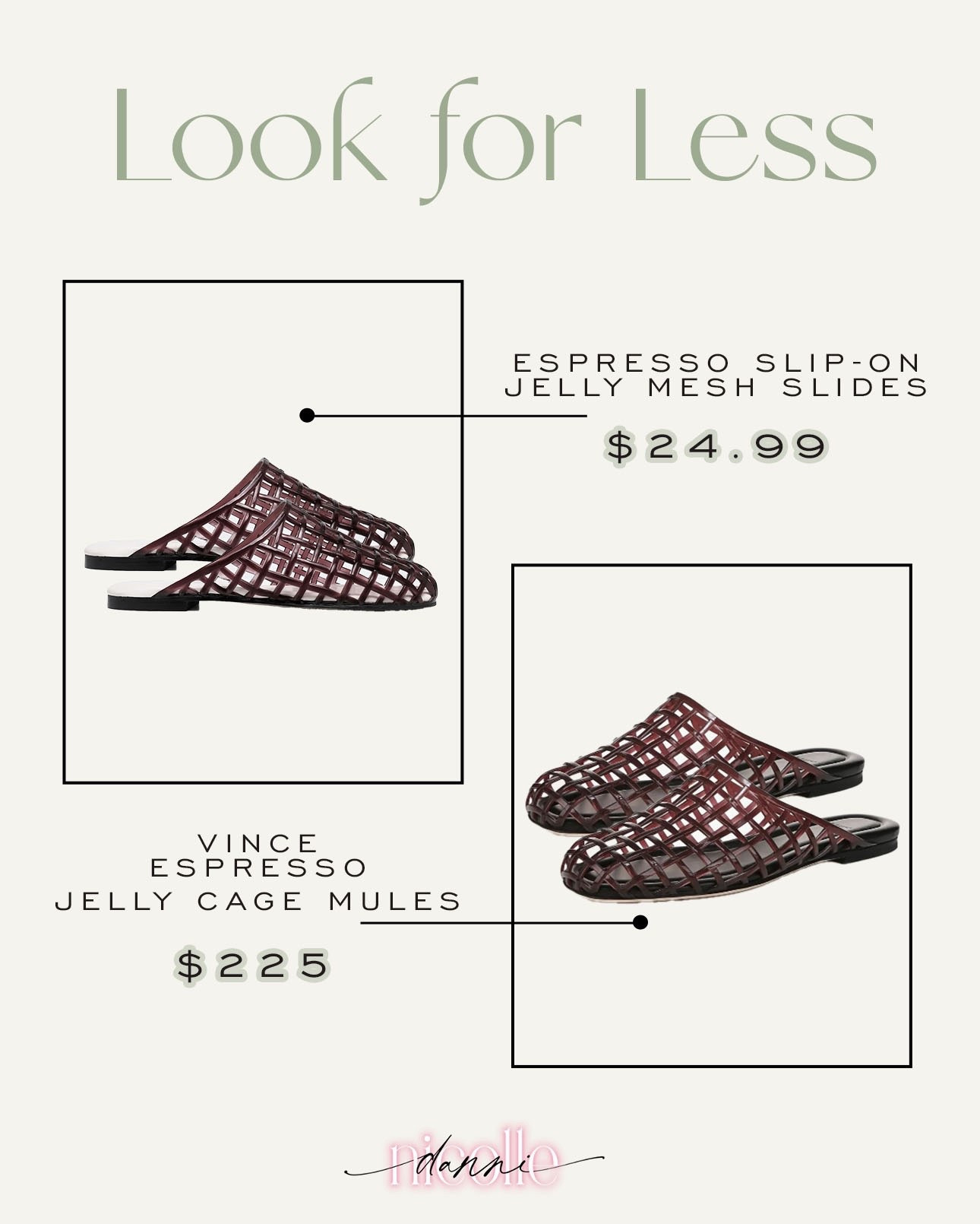Get the look for less! These trendy espresso jelly cage mules are over $200, but I found a nearly identical version for under $25! The perfect way to elevate any look! 

#lookforless

Trendy style finds. Trendy jelly flats. Warm weather fall shoes. Jelly cage mules. Vince jelly flats style  

#LTKShoeCrush #LTKStyleTip #LTKSeasonal