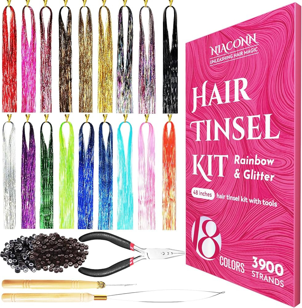 NIACONN Glitter Hair Tinsel Extensions Kit 18 Colors with Tools and Beads, 48 Inch Sparkly Fairy ... | Amazon (US)