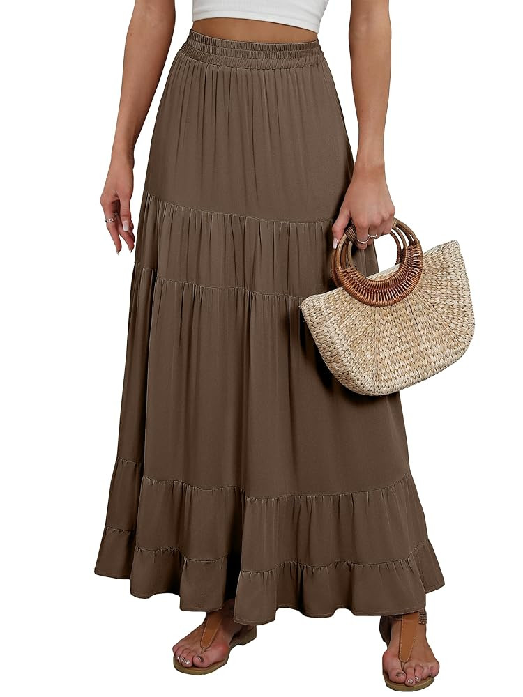 ANRABESS Womens Maxi Skirt Elastic High Waist Swing Tiered A-line Flowy Pleated Boho Beach Vacati... | Amazon (US)