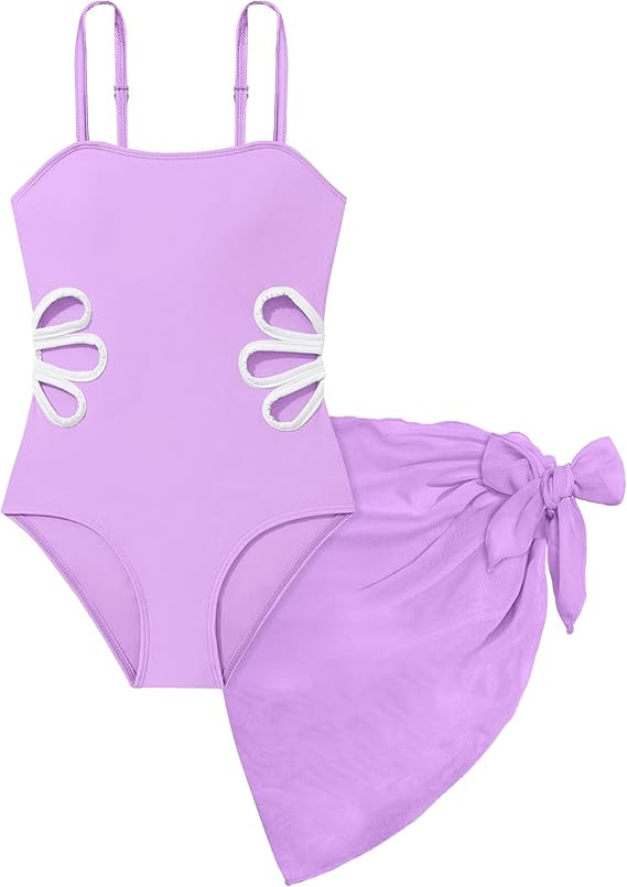 Girls Swimsuit, Adjustable Straps Cut Out One Piece Bathing Suit with Solid Color Cover Up Skirt ... | Amazon (US)