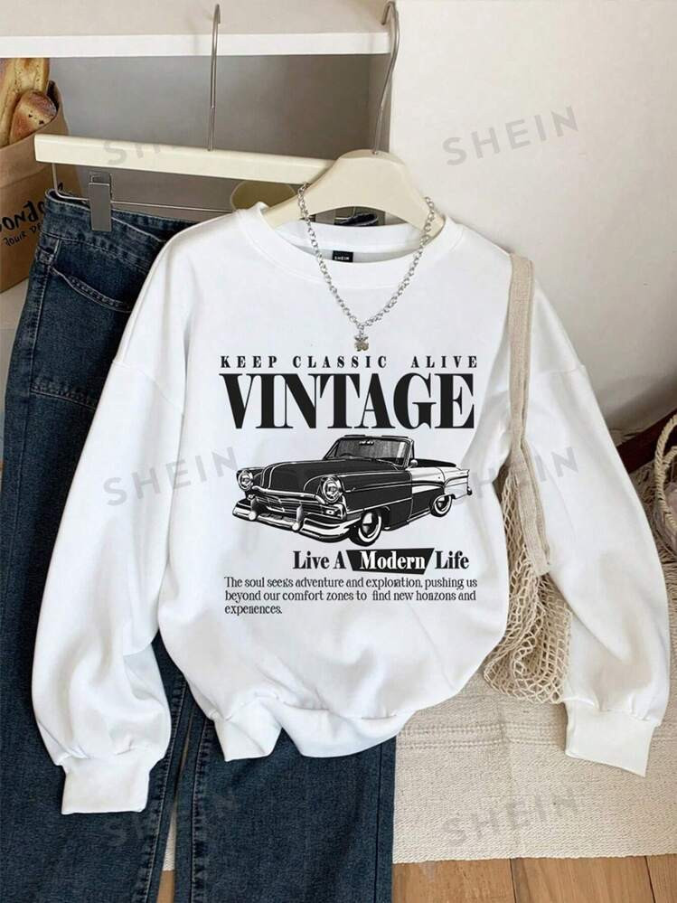 SHEIN EZwear White Casual Retro Car Print Pattern Loose Fit Round Neck Long Sleeve Sweatshirt For... | SHEIN