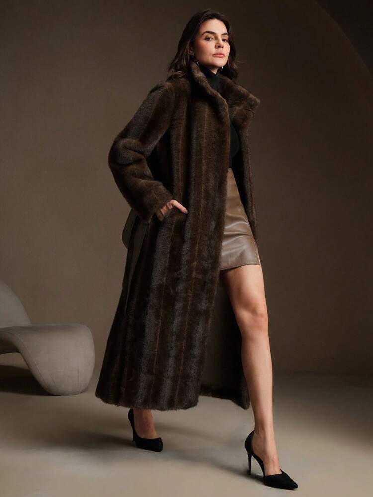 Anewsta Luxury Vintage Faux Fur Long Sleeve Straight Waist Belt Fitted Winter Outerwear Jacket | SHEIN