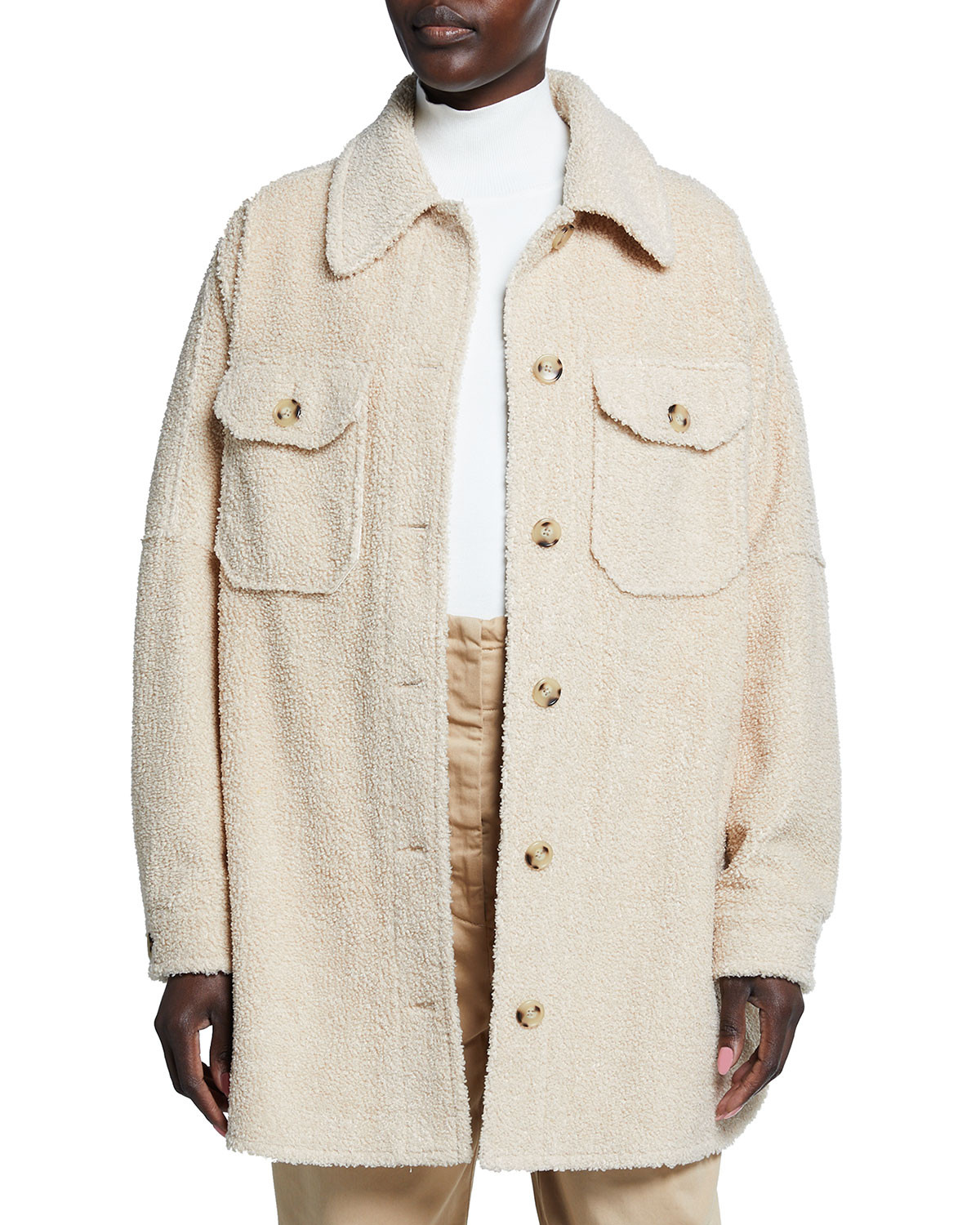 Cambrie Sherpa Button-Front Shirt Jacket | Neiman Marcus