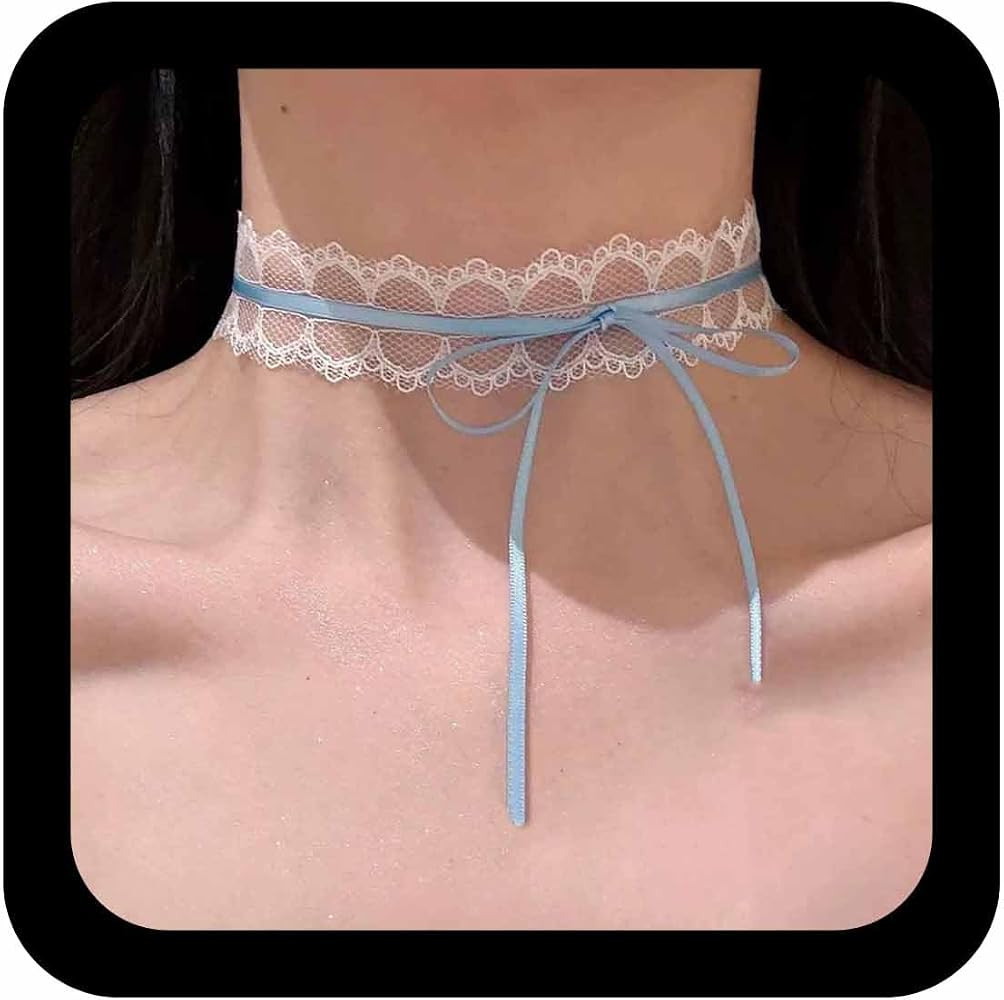 Boho White Lace Choker Necklace Blue Ribbon Bow Collar Necklace Vintage Velvet Bow Tie 90s Tattoo... | Amazon (US)