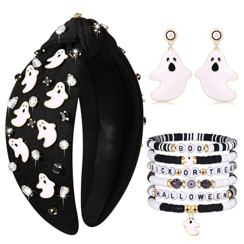 CEALXHENY Halloween Headbands & Accessories - Jeweled Ghost Candy Corn Knotted Headband, Bracelets, Earrings & Hair Accessories for Women - Halloween Outfits (Pattern B) | Amazon (US)
