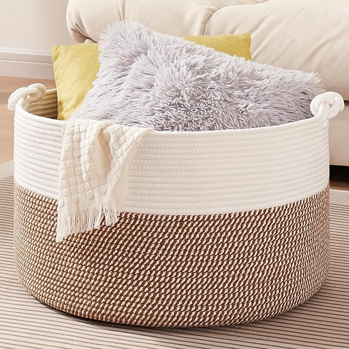 Large Blanket Storage Basket for Living Room, 22.8" x 22.8" x 13" Woven Cotton Rope Basket with H... | Amazon (US)