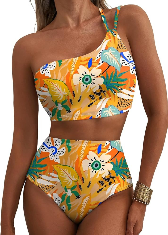 Herseas Women's High Waisted Bikini Sets One Shoulder Floral Print Swimsuits 2 piece Tummy Contro... | Amazon (US)