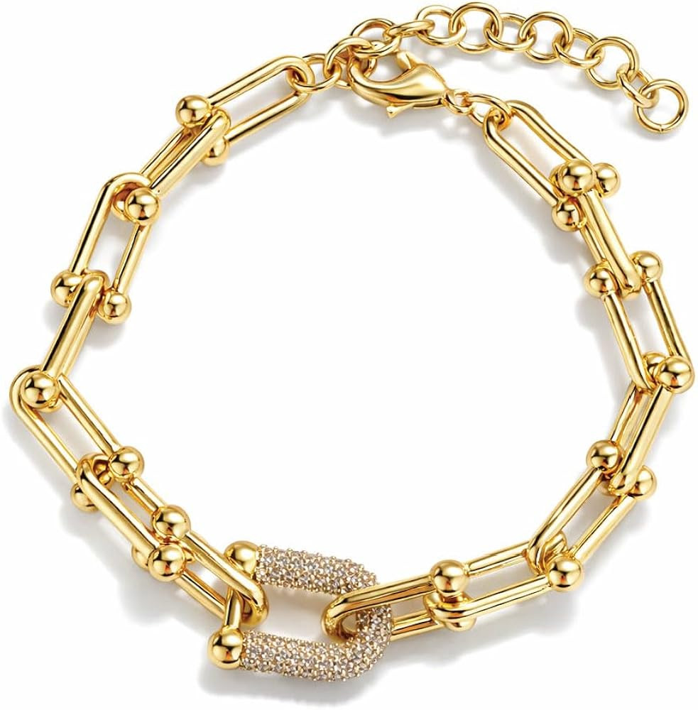 18K Gold Plated Paperclip Link Bracelet for Women, Pavé CZ Statement Bracelet | Amazon (US)