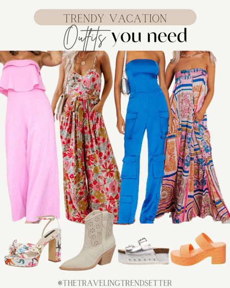 Trendy vacation outfits - jumpsuits / bridal shower / wedding guest outfits / booties - heels- sandals 

#LTKStyleTip #LTKTravel #LTKFestival