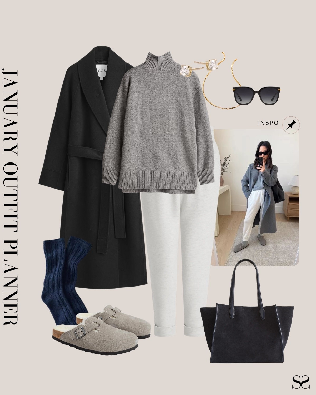 Monthly outfit planner JANUARY: Winter outfits | slim sweatpants, mock-neck sweater, wool long coat, shearling Birkenstocks, weekend outfit 

#classicstyle #LTKstyletip #winteroutfit #casualoutfit

Image inspo credit: @crystalinmarie 

#LTKgrwm #LTKSeasonal #LTKootd