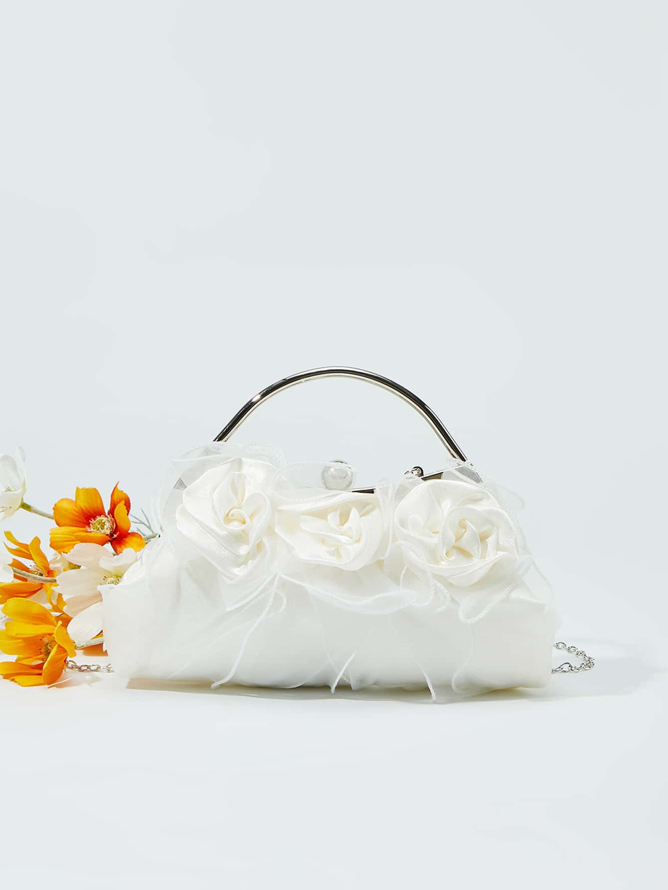 Satin Flower Decor Square Bag Faux Pearl Decor Evening Bag | SHEIN