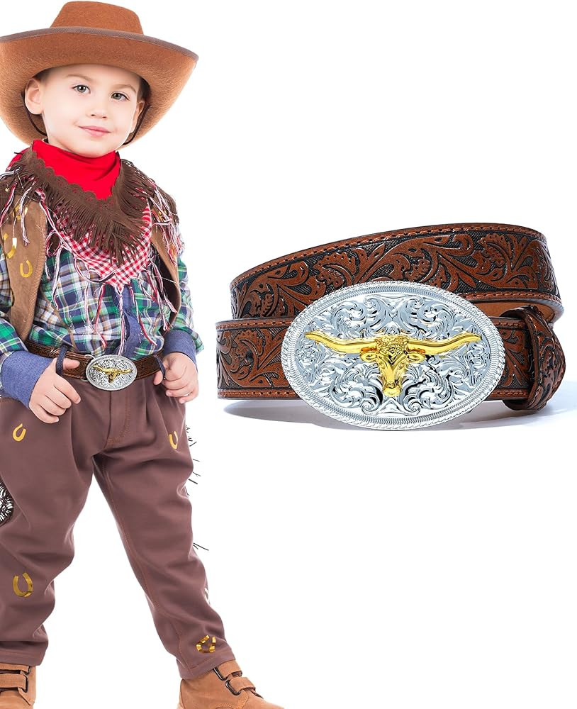 Kajeer Kids Western Belt for Boys Girls, Cowboy Genuine Leather Embossed Western Longhorn Bull Bu... | Amazon (US)