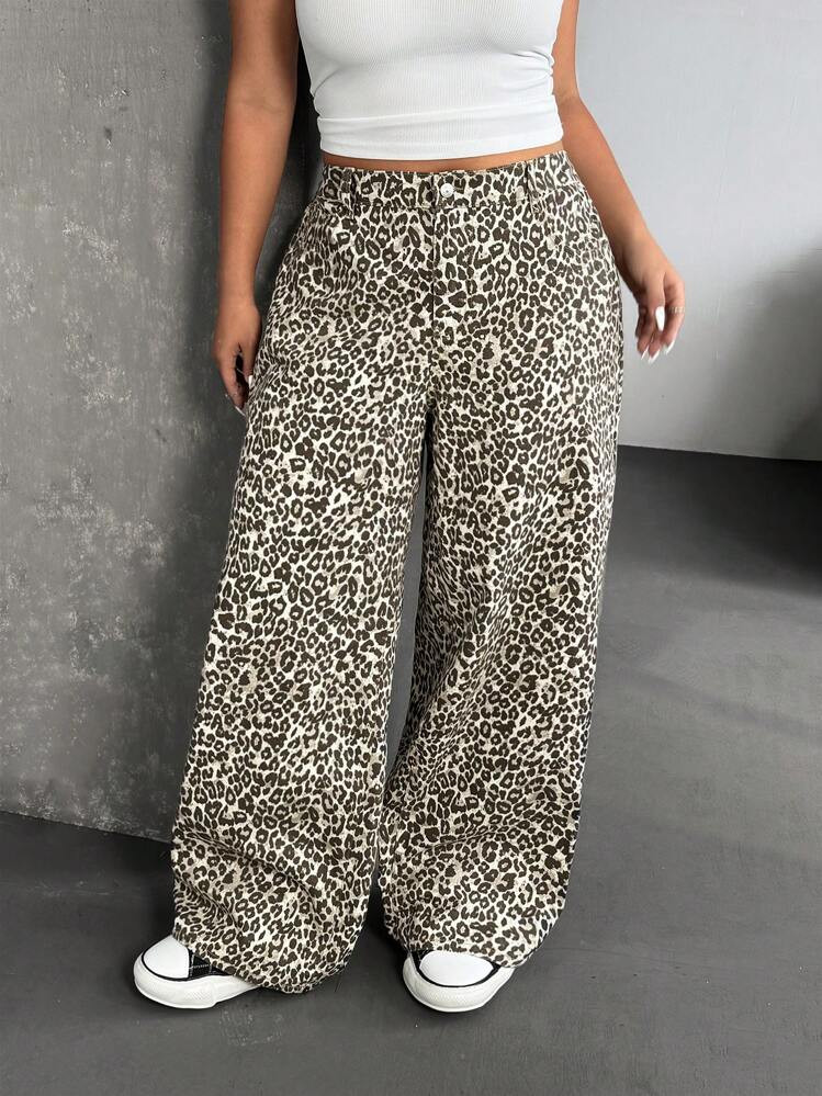 SHEIN ICON Plus Size Y2K Streetwear Casual Loose Leopard Print Baggy Jeans | SHEIN