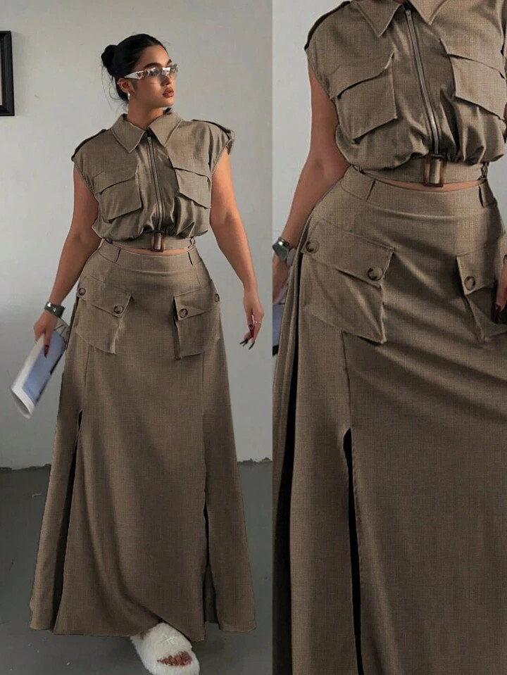 POPSWAY 2pcs/Set Sleeveless Zip Up Crop Top & Slit Hem Skirt | SHEIN