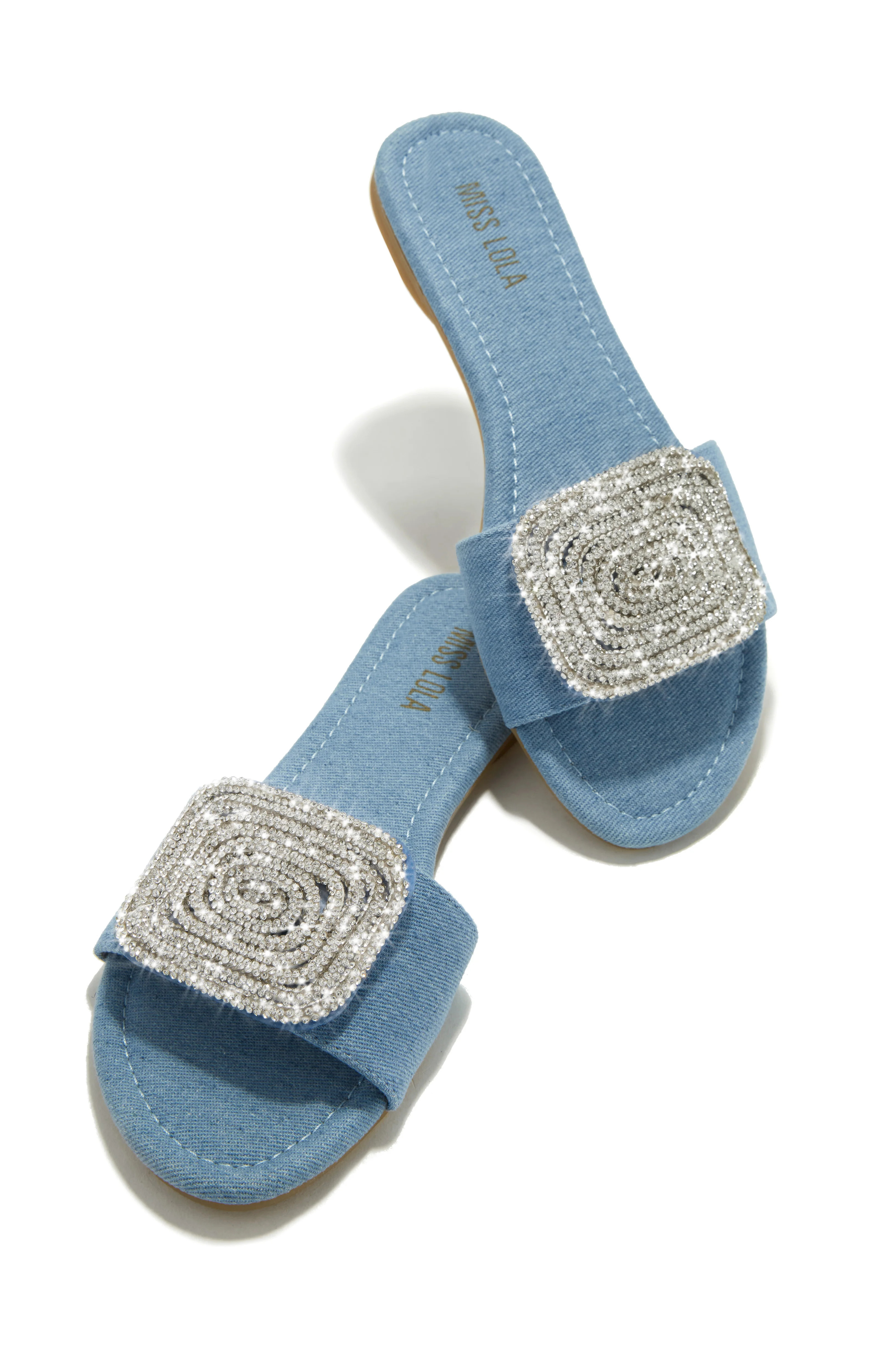 Beach Cocktail Embellished Slip On Sandals - Denim 6 / Denim | MISS LOLA