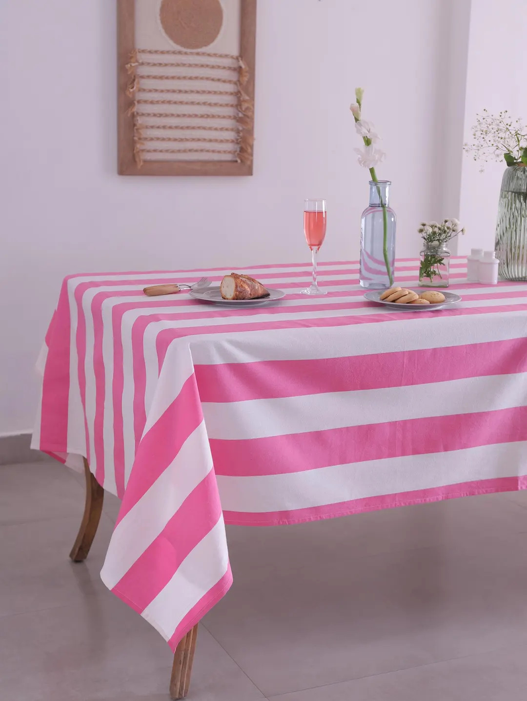 Pink Block Print Tablecloth, Striped Cotton Table Cover, Christmas Dining Decor, Rectangular Line... | Etsy (US)
