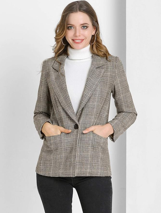 Allegra K Women's Notched Lapel One Button Boyfriend Blazer Suit Houndstooth Work Office Blazers ... | Amazon (US)