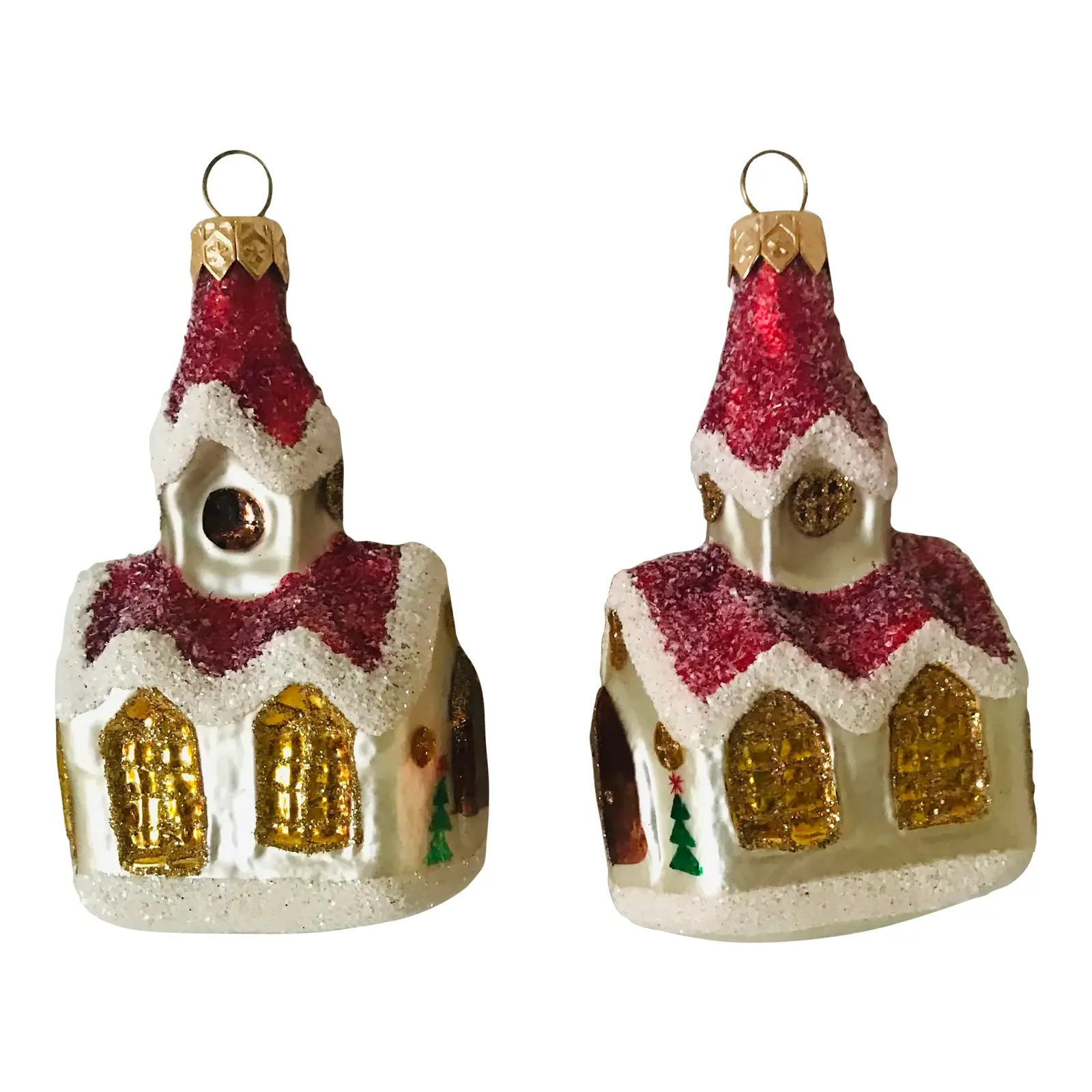 1990s Vintage Christmas European Glass Church Ornaments- Set of 2 | Chairish