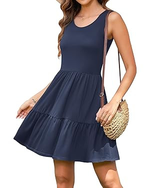 AUSELILY Womens Summer Dress Casual Sleeveless Crewneck T Shirt Sundress Flowy Tiered Swing Mini ... | Amazon (US)