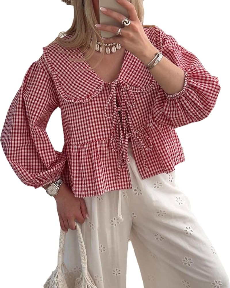 Women Lapel Doll Collar Blouse Puff Sleeve Pleated Tie Front Peplum Shirts Summer Cute Babydoll T... | Amazon (US)