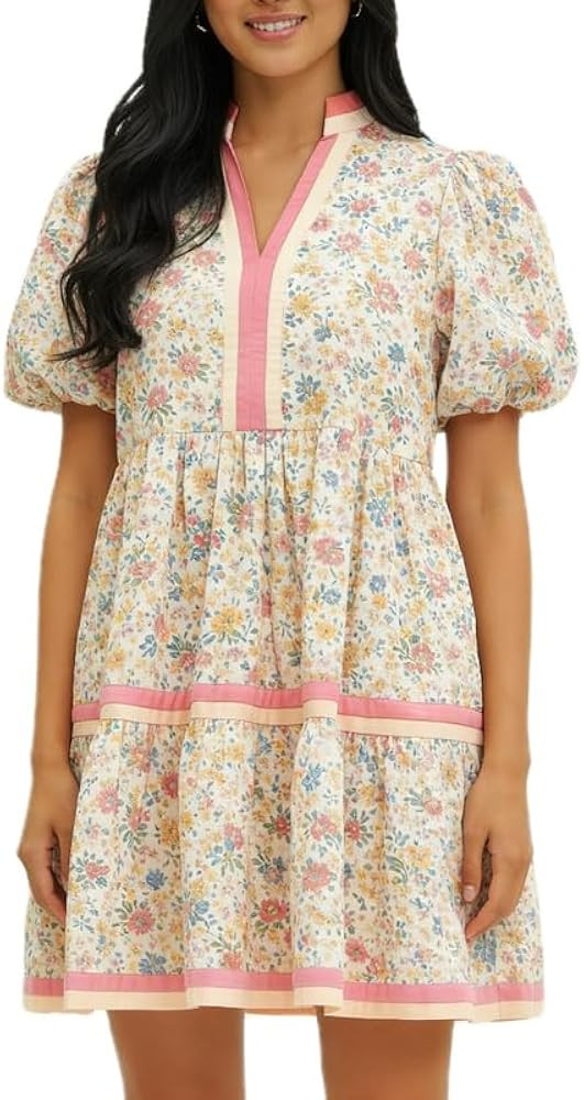 Juakoso Women Boho Floral Print Puff Sleeve Mini Dress Loose Fit V Neck Short Sleeve Dress Flowy ... | Amazon (US)