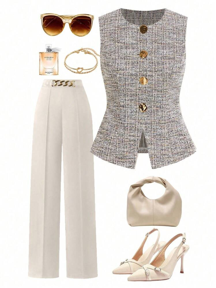 Ellevyn Women's French Style Sleeveless Vest With Metal Button Shirt, Commute Wear Summer | SHEIN