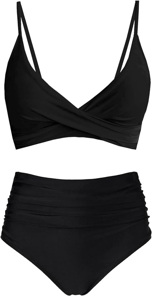 Women's High Waisted Bikini Sets Push Up Twist Front Spaghetti Straps Ruched Two Piece Swimsuit B... | Amazon (US)