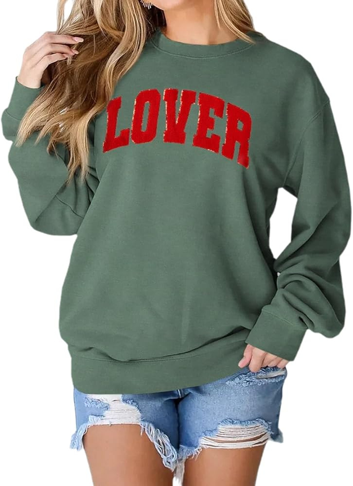 IZYJOY Women Valentine Sweatshirt Glitter LOVER Letter Chenille Patch Shirt Crewneck Long Sleeve ... | Amazon (US)