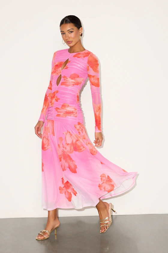 Alexius Pink Floral Mesh Cutout Long Sleeve Maxi Dress | Lulus