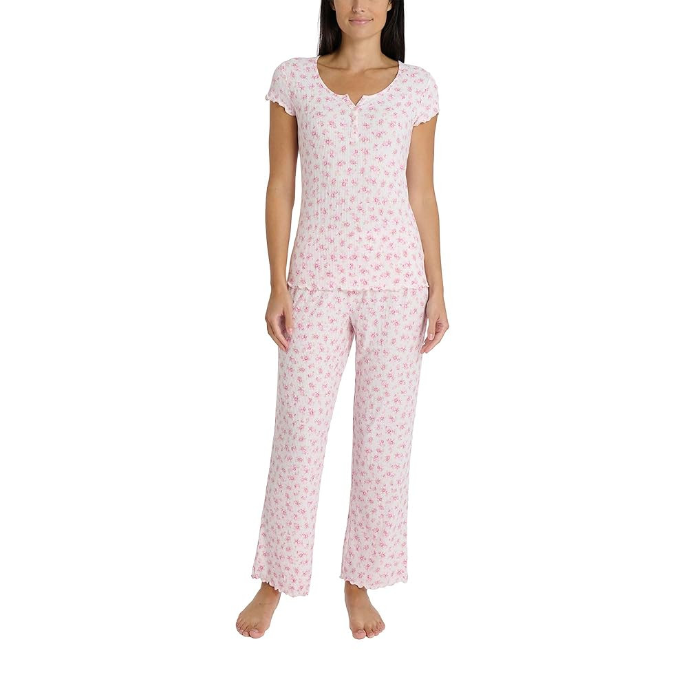 Laura Ashley Women's Pajamas 2 Piece Ribbed Knit Short Sleeve Henley Top and Pants PJ Set | Amazon (US)