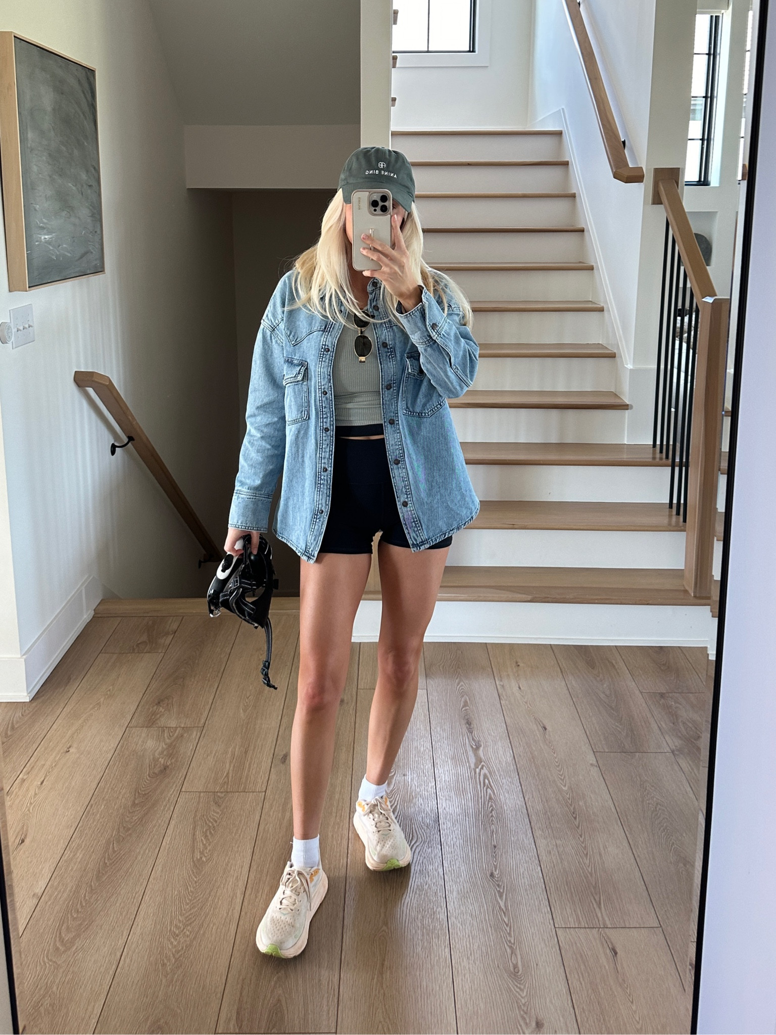 Casual summer outfit: size 4 in mango jacket, 6 in lululemon tank, small in alo shorts. Small in alo shirt. True size in hoka sneakers 