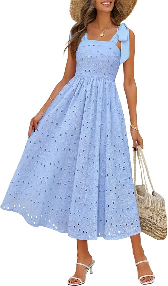 MEROKEETY Women's Summer Square Neck Maxi Sundress 2026 Spring Sleeveless Eyelet Flowy A Line Bea... | Amazon (US)