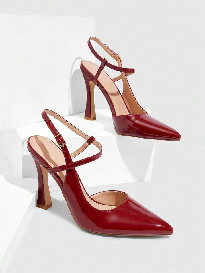 CUCCOO SZL Women's Fashion Wine Red Patent Leather Buckle Ankle Strap Pointed Toe Stilettos, Convenient Slip-On, Suitable For Work, Dates, Parties, Weddings, Holidays, Valentine's Day Spring Shoes Spring Break Easter Prom Heels | SHEIN