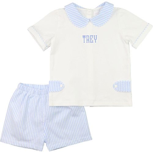 Blue And White Stripe Tab Short Set  - Shipping Mid March | Cecil and Lou