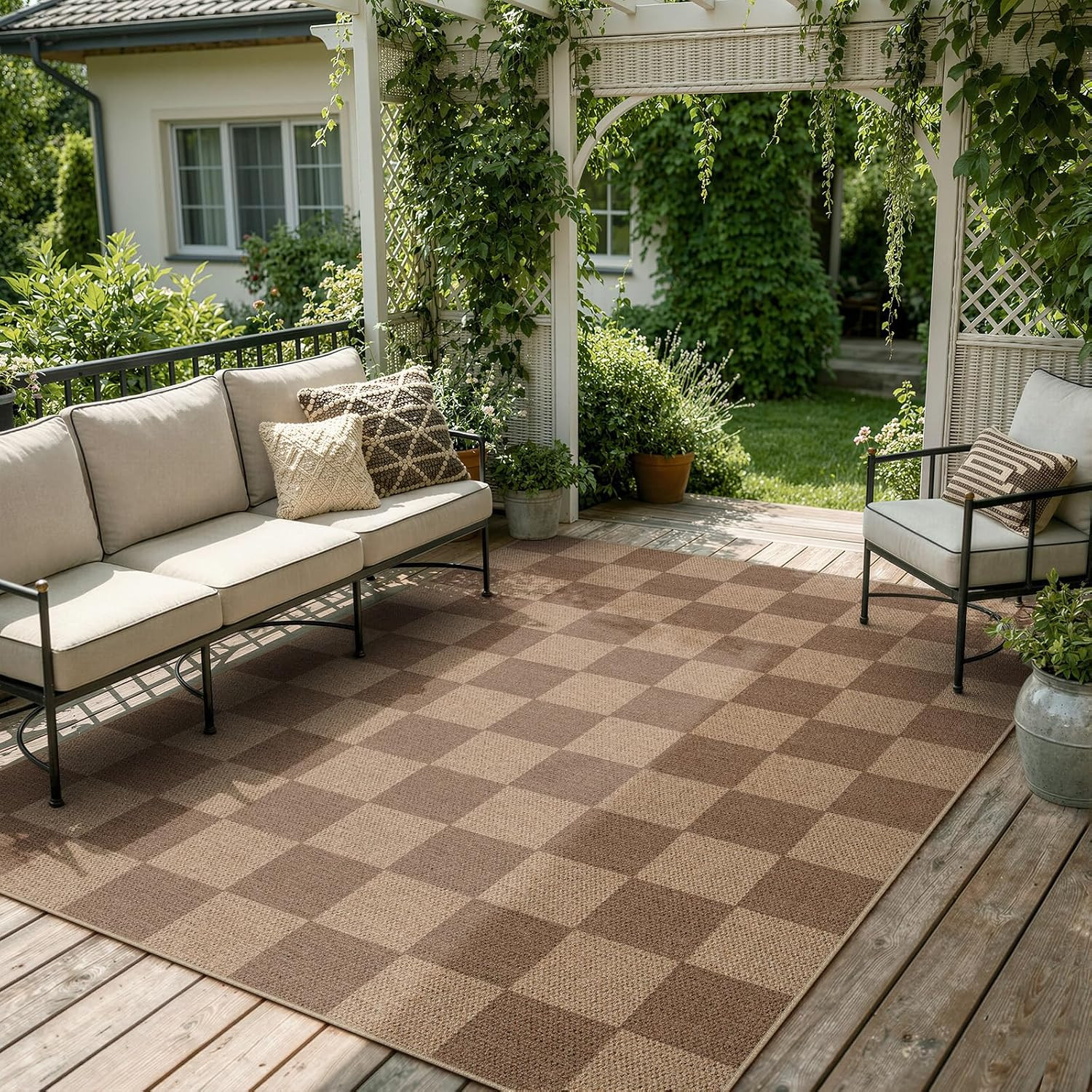 Lahome Checkered Easy Jute Living Room Rug, 5x7 Outdoor Patio Rugs Washable | Amazon (US)