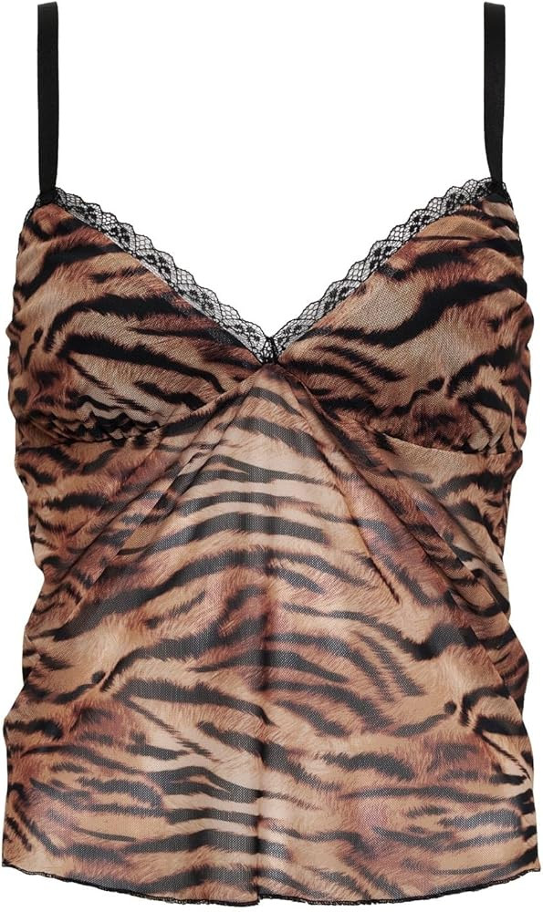 Women Tiger Stripe Print Tank Top Y2k Sexy Lace Trim Cami Top Spaghetti Strap Mesh V Neck Going O... | Amazon (US)