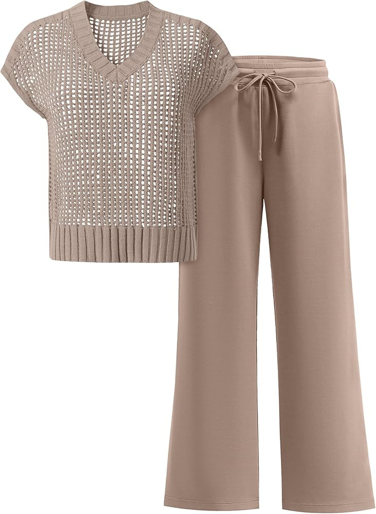 ANRABESS Women 2 Piece Outfits Summer Lounge Sets Crochet Knit Sweater Vest Wide Leg Pants Casual... | Amazon (US)