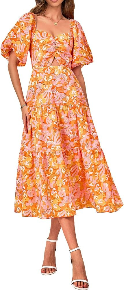 BTFBM Women Summer Dresses 2025 Casual Flowy Beach Square Neck Puff Short Sleeve Smocked Back Boh... | Amazon (US)