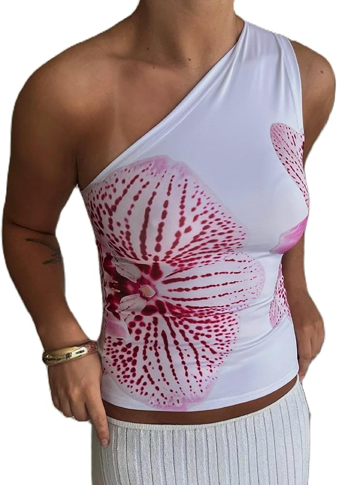 Women Y2k Floral Tank Top One Shoulder Backless Graphic Tee Sleeveless Flower Print Slim Fitted C... | Amazon (US)