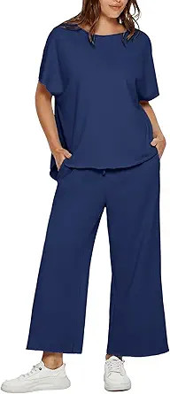 Glamaker Women's Two Piece Travel Lounge Outfits Matching Sets Crew Neck Pullover Tops Wide Leg P... | Amazon (US)