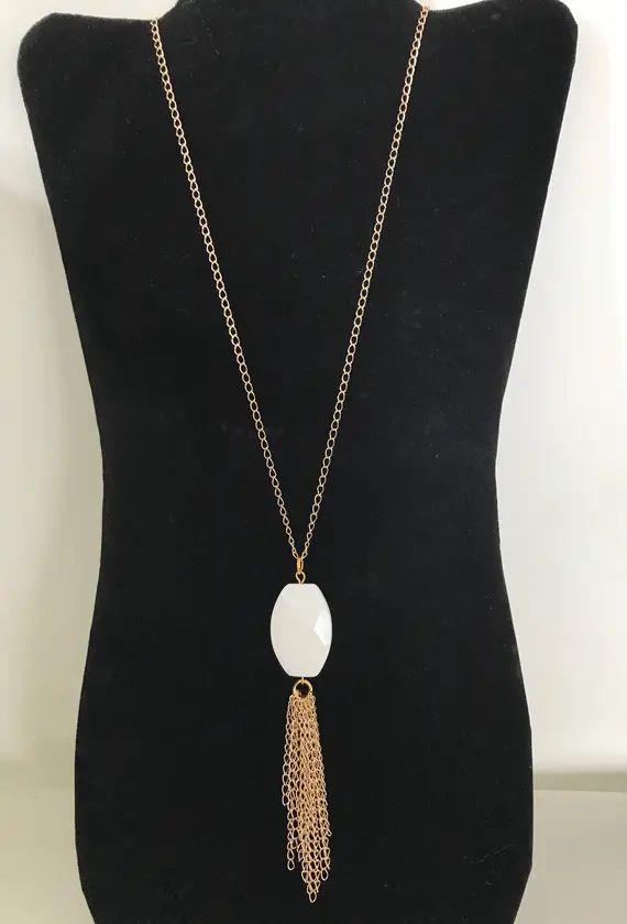 Long gem stone tassel necklace, tassel necklace with white agate gem stone, white tassel necklace | Etsy (US)