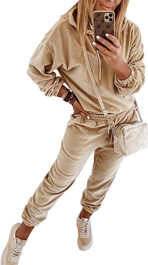 Women's Velour 2 Piece Jogger Sets Hoodies Sweatshirt Long Sweatpants Outfits Sweatsuit | Amazon (US)