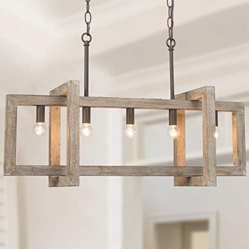 Farmhouse Chandelier, Wood 5-Light Rustic Chandelier for Dining Room, 30"L Rectangle Island Light... | Amazon (US)