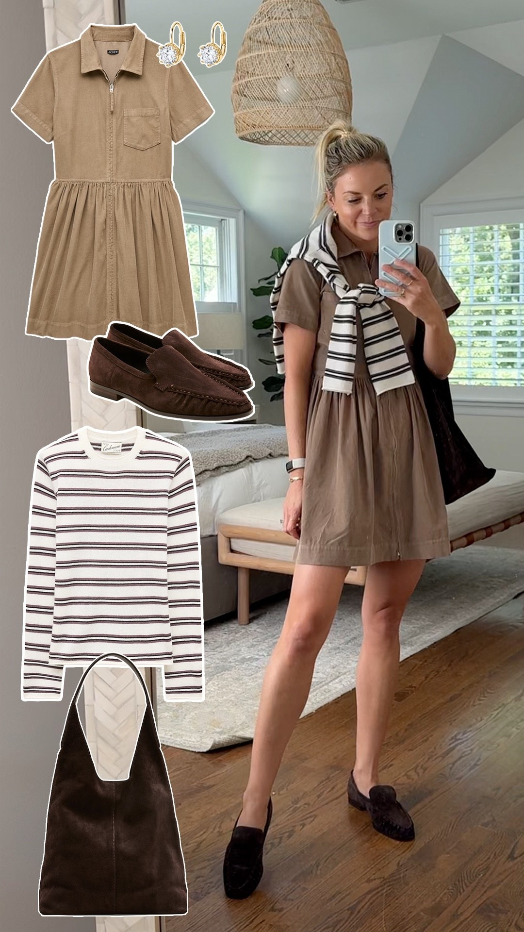 Fall outfit with neutrals 🍂 chocolate brown loafers are on sale!! 
-XS/2 dress (I’m 5’5), size up if between sizes
-small sweater,tts 
-loafers tts 
-earrings are 20% off with code TAKE20

#LTKSaleAlert