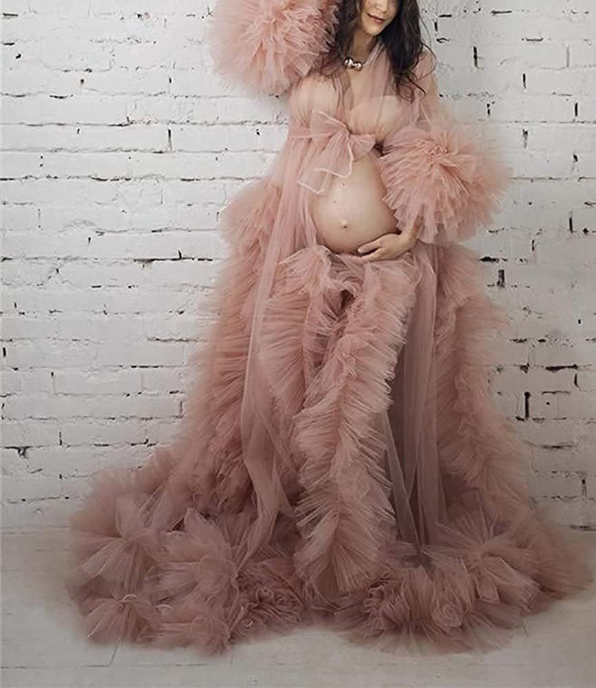 Tianzhihe Sexy Illusion Long Lingerie Tulle Robe Maternity Gown for Photoshoot Puffy Bridal Nightgow | Amazon (US)