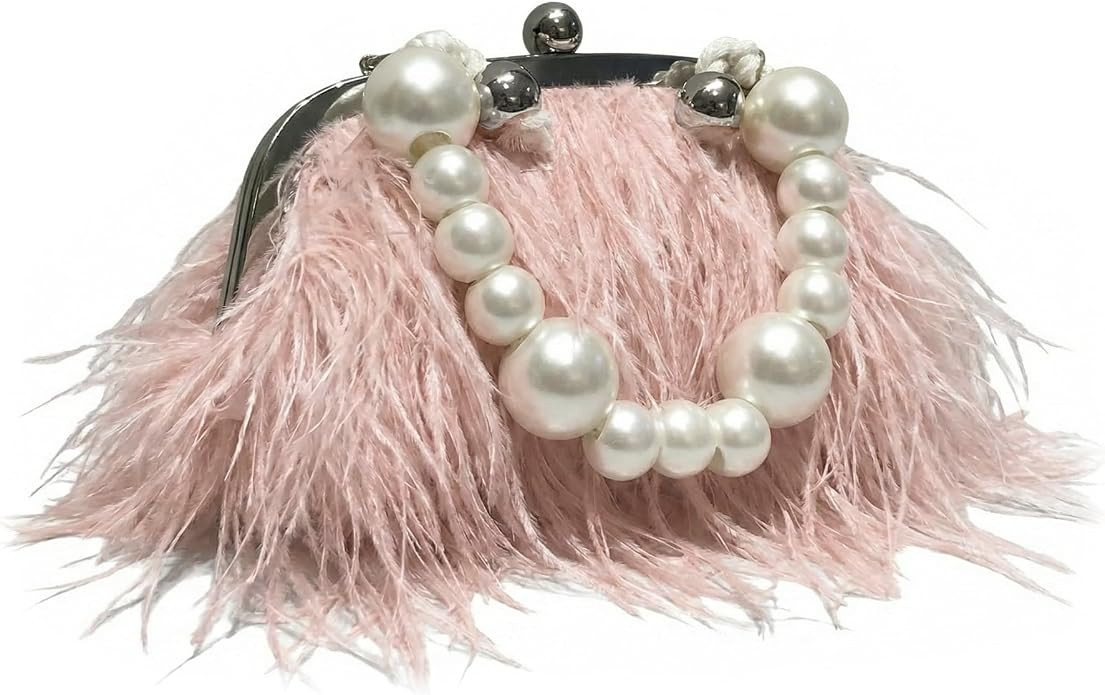 Vintage Fluffy Ostrich Feather Evening bags and Clutches for Women Pearl Chain Tote bags Bridal P... | Amazon (US)